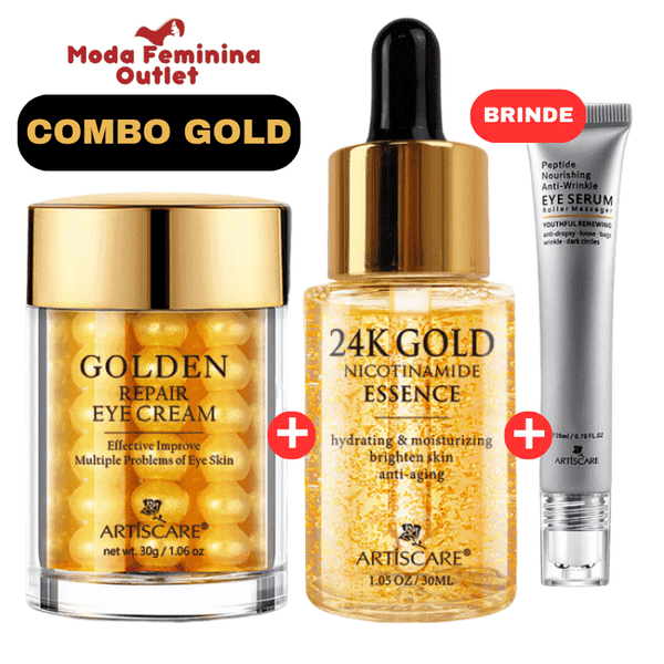 Combo Gold - Sérum Essência 24K + Creme para os olhos + Rolo massageador anti rugas (BRINDE)